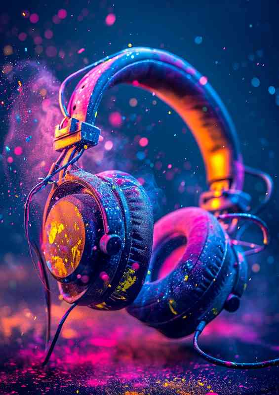 Purple headphones with colorful splatter art | Metal Poster