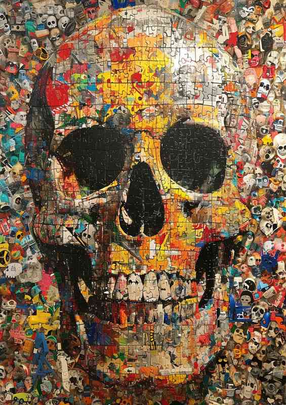 Skull in the center of a collage of junk toys | Metal Poster