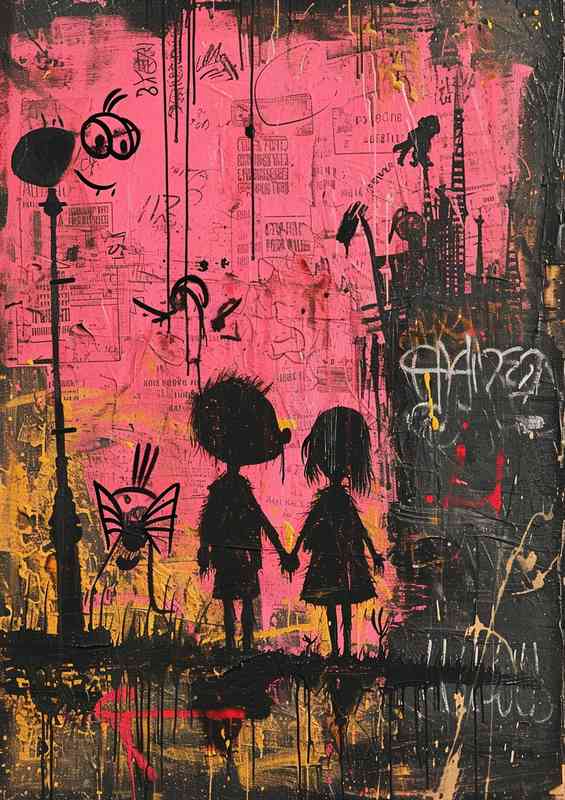 The painted pink wall boy and girl | Metal Poster