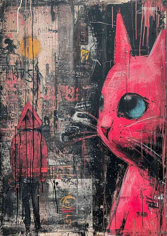 The pink cat and the boy street art | Metal Poster