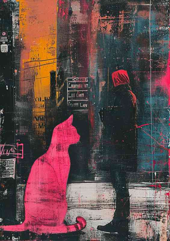 The pink cat and the man street art | Metal Poster