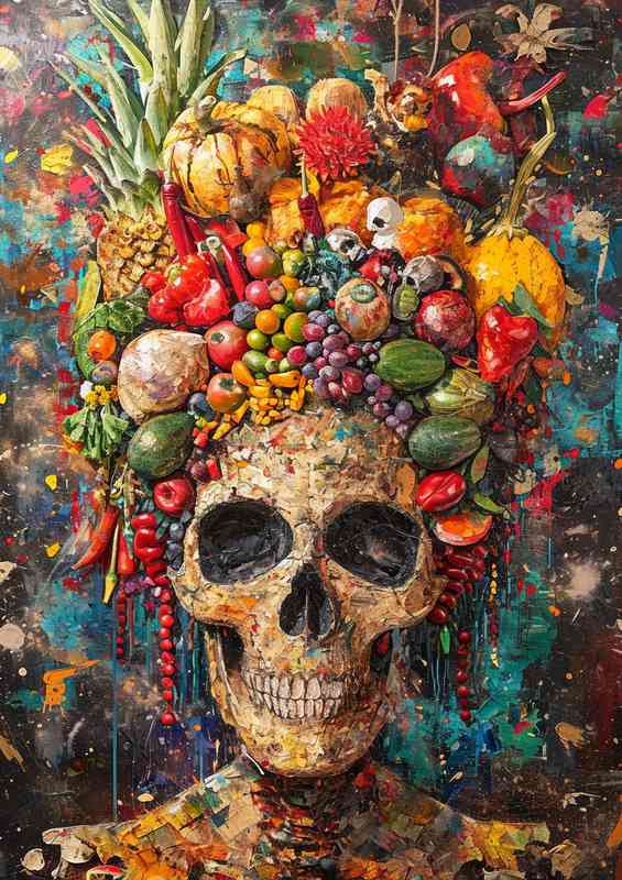 The skull painting has many different kinds of foods | Metal Poster