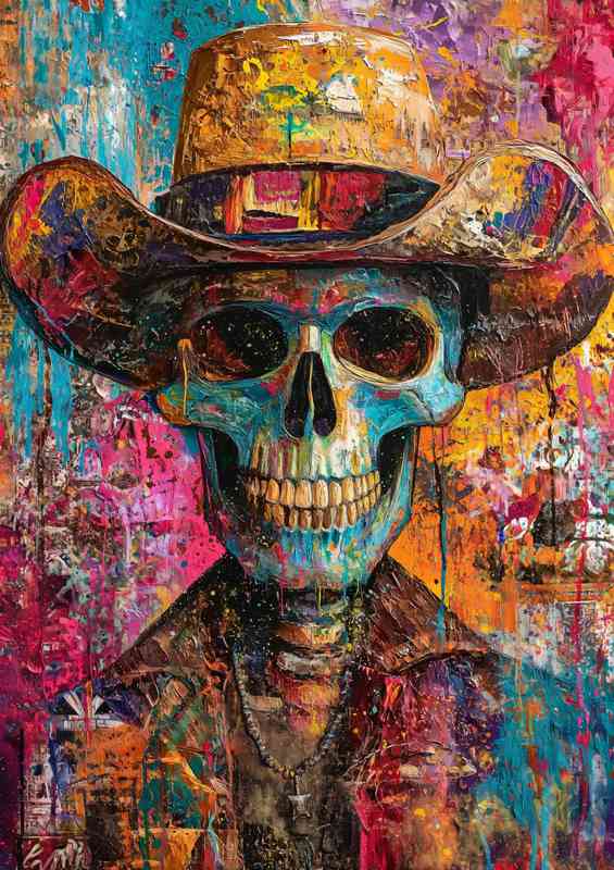 The skull wearing the cowboy hat with mixed media | Metal Poster