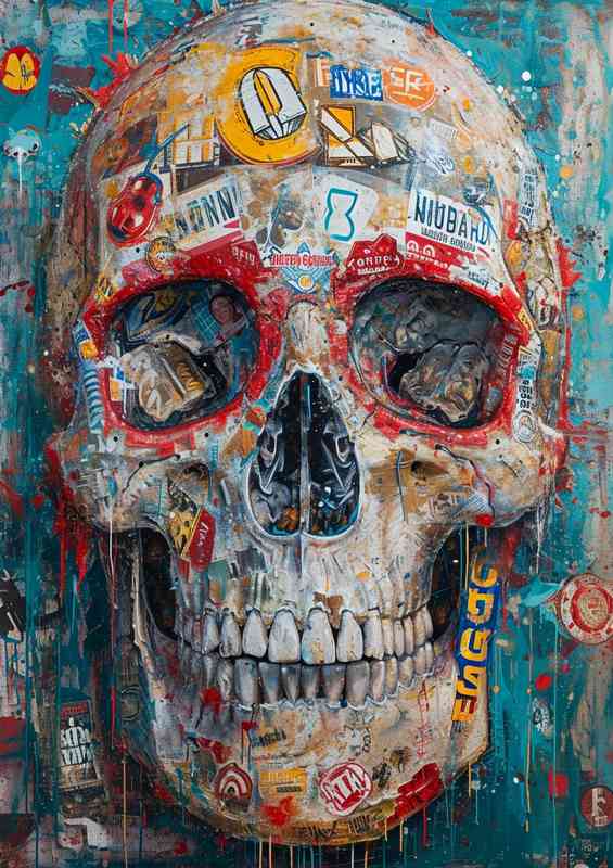 The skull with stickers wall art | Metal Poster