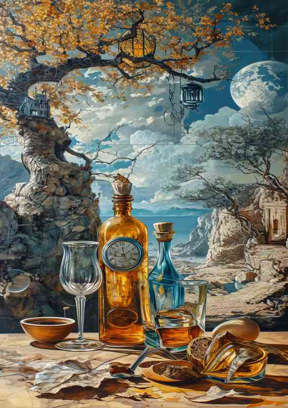 Time clock empty bottle by the tree surrealisum | Metal Poster