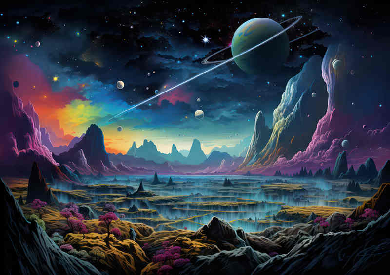 Planets with colourful mountains in a fantasy landscape | Metal Poster