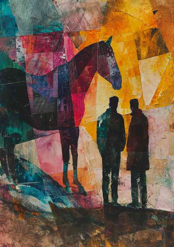 Two people and a horse stand before it abstract style | Metal Poster