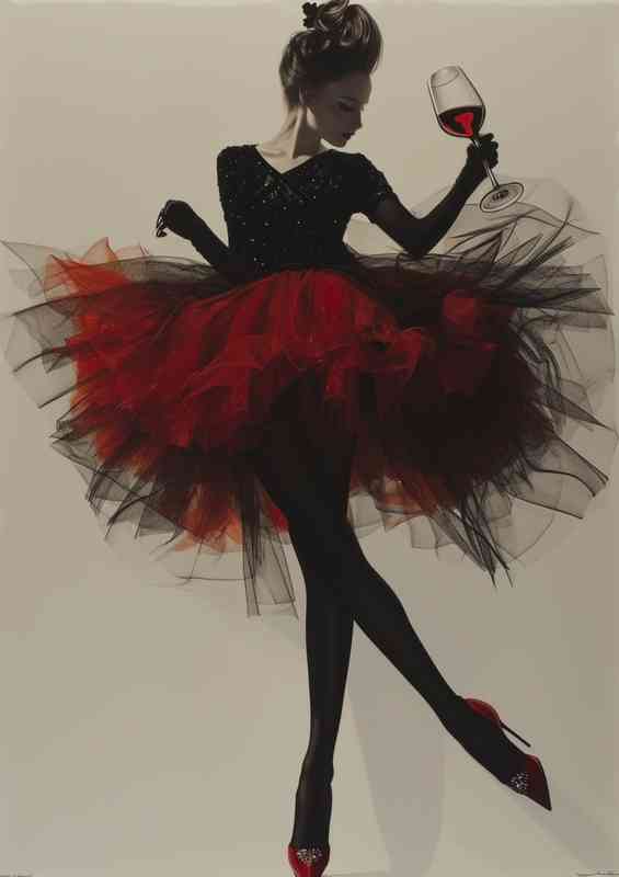 Woman holding a glass of red wine whilst dancing | Metal Poster