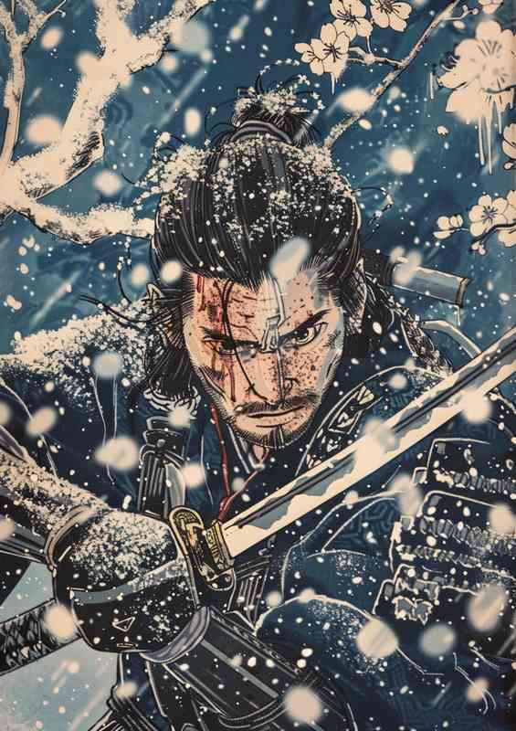 A samurai in the snow holding a sword | Metal Poster