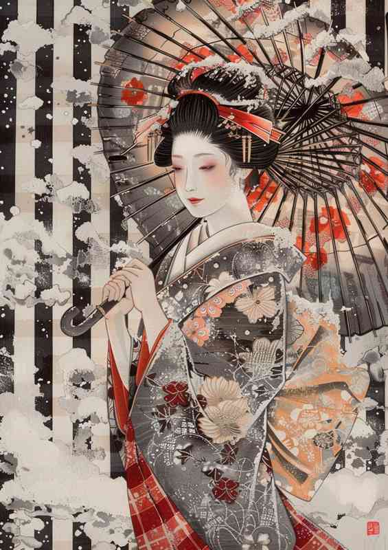Beautiful Japanese woman dressed in an elaborate kimono | Metal Poster