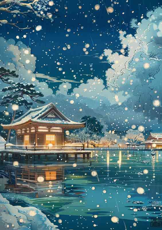 Beautiful snow scene over the temple by the lake | Metal Poster