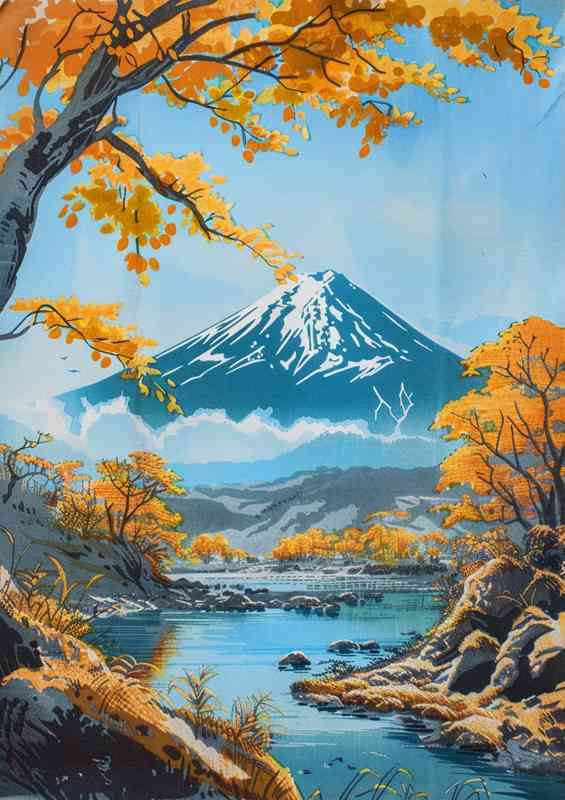 Japanese Mount Fuji with the river flowing | Metal Poster