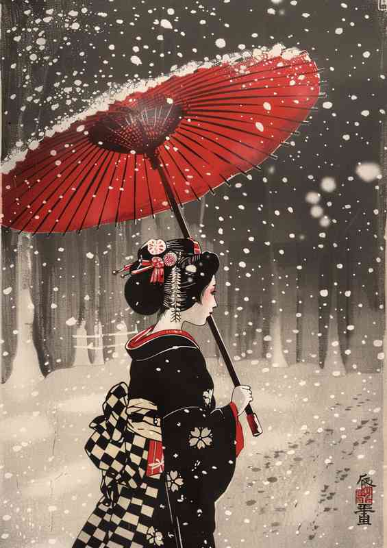 Japanese lady walking in the snow | Metal Poster
