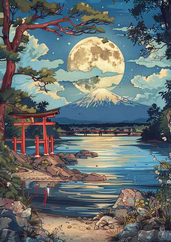 Japanese of the moon rising over Edna | Metal Poster