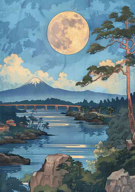 Japanese river with mount Edna | Metal Poster