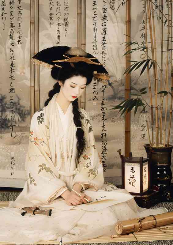 Japanese woman painting | Metal Poster