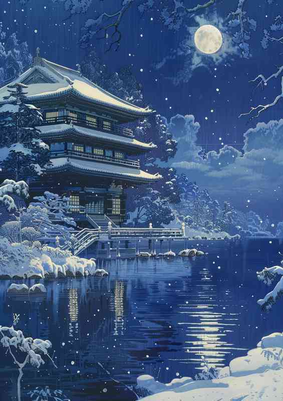 Kawase Hasui snowcovered pagoda by the lake at night | Metal Poster