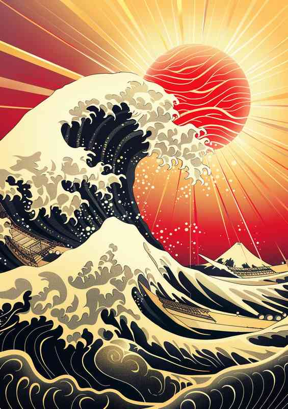 Old japanese style poster showing the great wave | Metal Poster