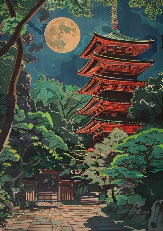 Pagoda at night under the moon | Metal Poster
