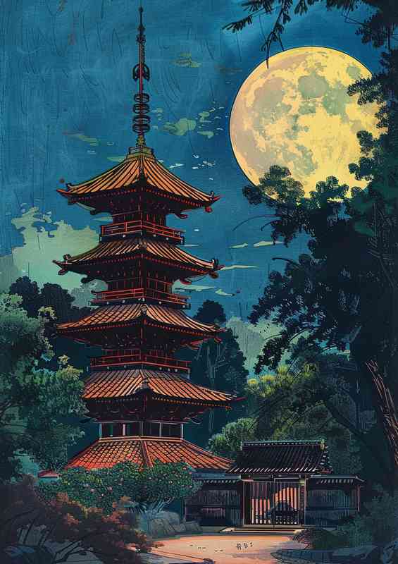 Pagoda with red tiles and dark wood | Metal Poster