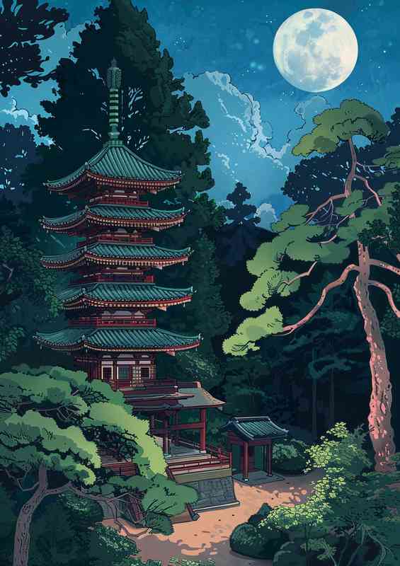 Pagoda with red tiles and full moon | Metal Poster