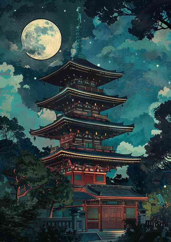 Pagoda with the moonlight shining on it | Metal Poster