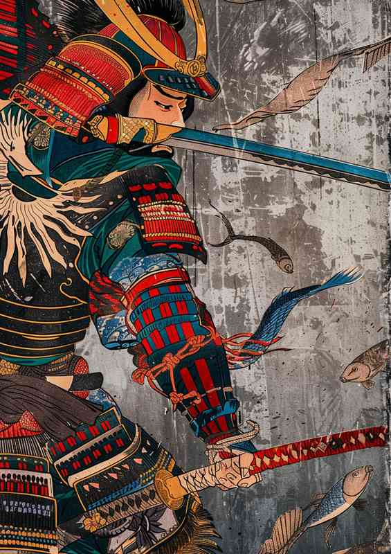 Samurai fighting with sword and armor colorful wood | Metal Poster