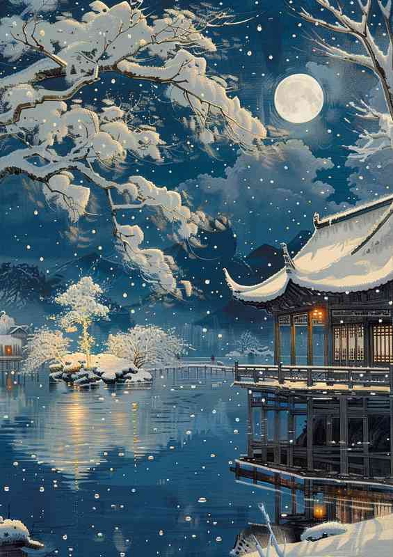 Snow scene at night in the temple | Metal Poster