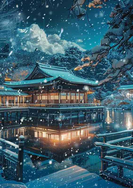 Snow scene with the japanese temple | Metal Poster
