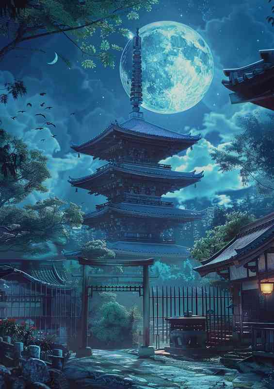 Tall pagoda with blue moon | Metal Poster