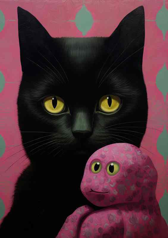 A Black cat holding a pink stuffed teddy | Metal Poster