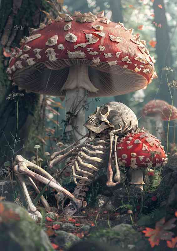 A Skeleton sitting under a mushroom canopy | Metal Poster