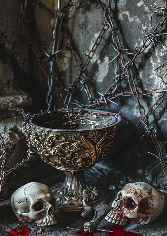 A bowl next to skulls and barbed wire | Metal Poster