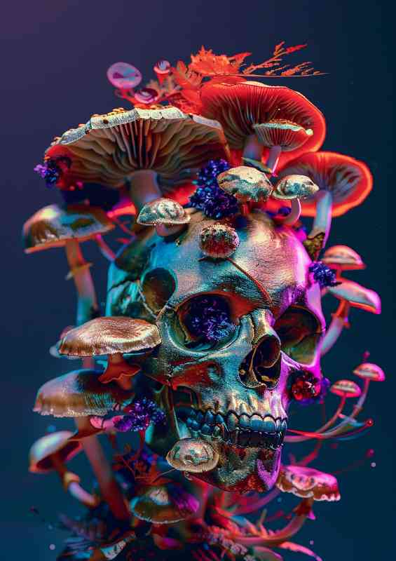 A colorful skull with various mushrooms | Metal Poster