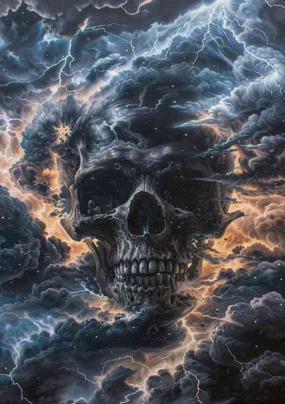 Black skull with lightning around it in the clouds | Metal Poster