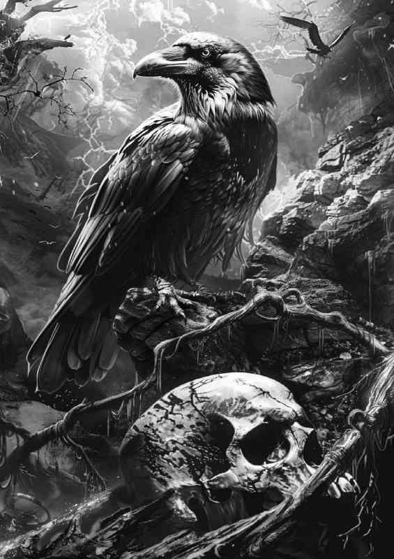 Raven and skull in black and white | Metal Poster