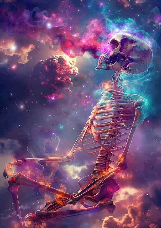Skeleton in space with neon colours | Metal Poster