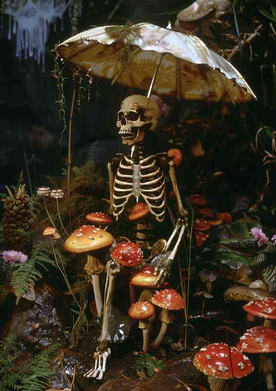 Skeleton with mushrooms under an umbrella | Metal Poster