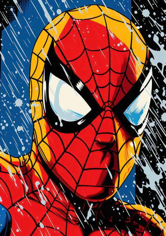 Spider man pop art style in rain | Metal Poster