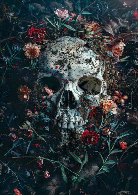 Skull covered in dirt and flowers | Metal Poster