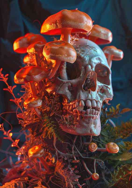 Skull in a dark room with mushrooms | Metal Poster