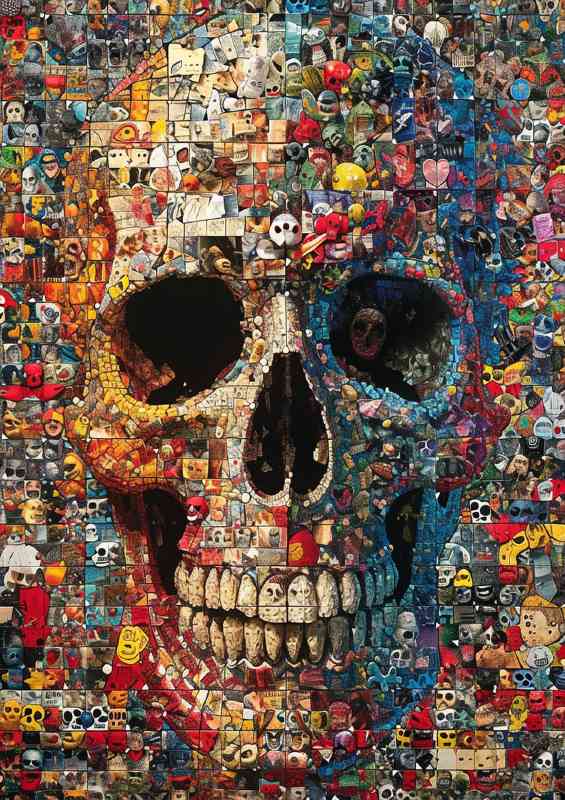 Skull in the center of a collage of junk toys | Metal Poster