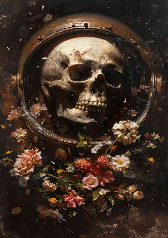 The skull is in a rusted helmet surrounded by flowers | Metal Poster