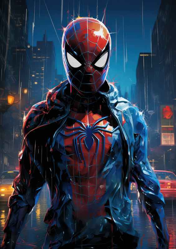 Spiderman walking in a town with a blue shirt | Metal Poster