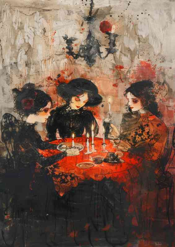 Witches sitting around a table with candles | Metal Poster
