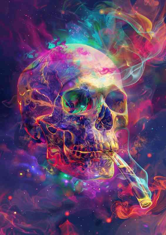 skull with a glass pipe neon colours | Metal Poster
