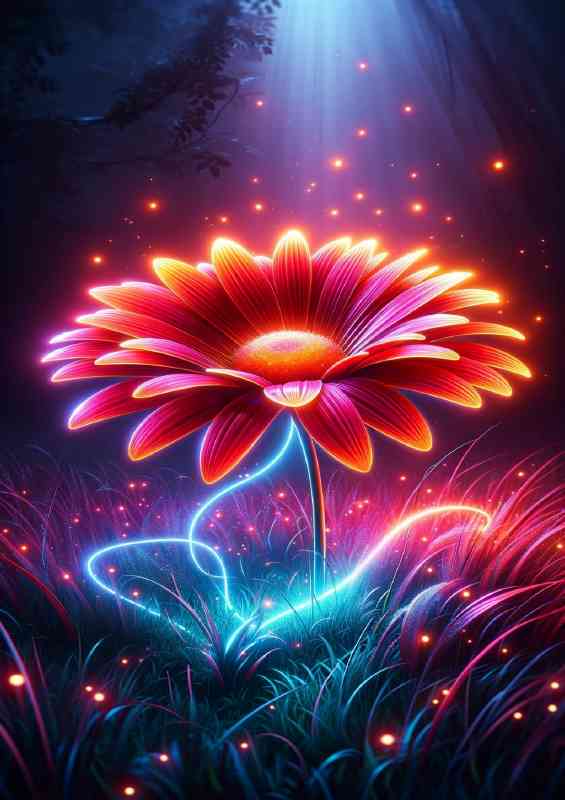 Glowing neon daisy its petals a brilliant array of reds and oranges | Metal Poster