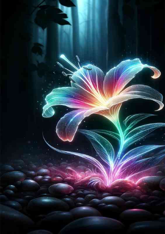Luminous neon lily its petals glowing with a rainbow of colors | Metal Poster