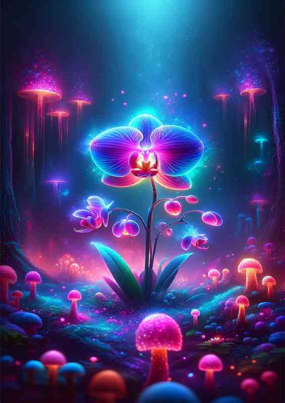 Radiant neon Orchid its petals displaying electric blues and pinks | Metal Poster