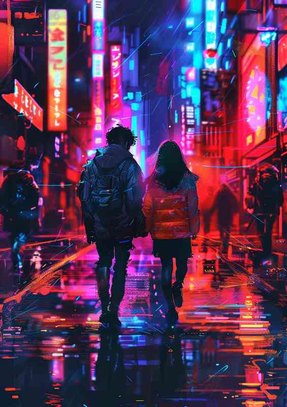 Two people with neon lights on the street | Metal Poster